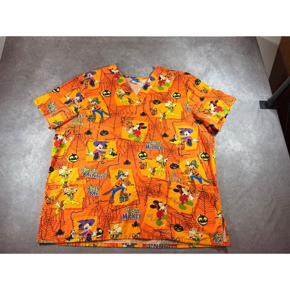 Disney Tops - Disney Halloween Scrub Top XL Mickey Minnie Goofy Pluto Orange V-Neck Pockets